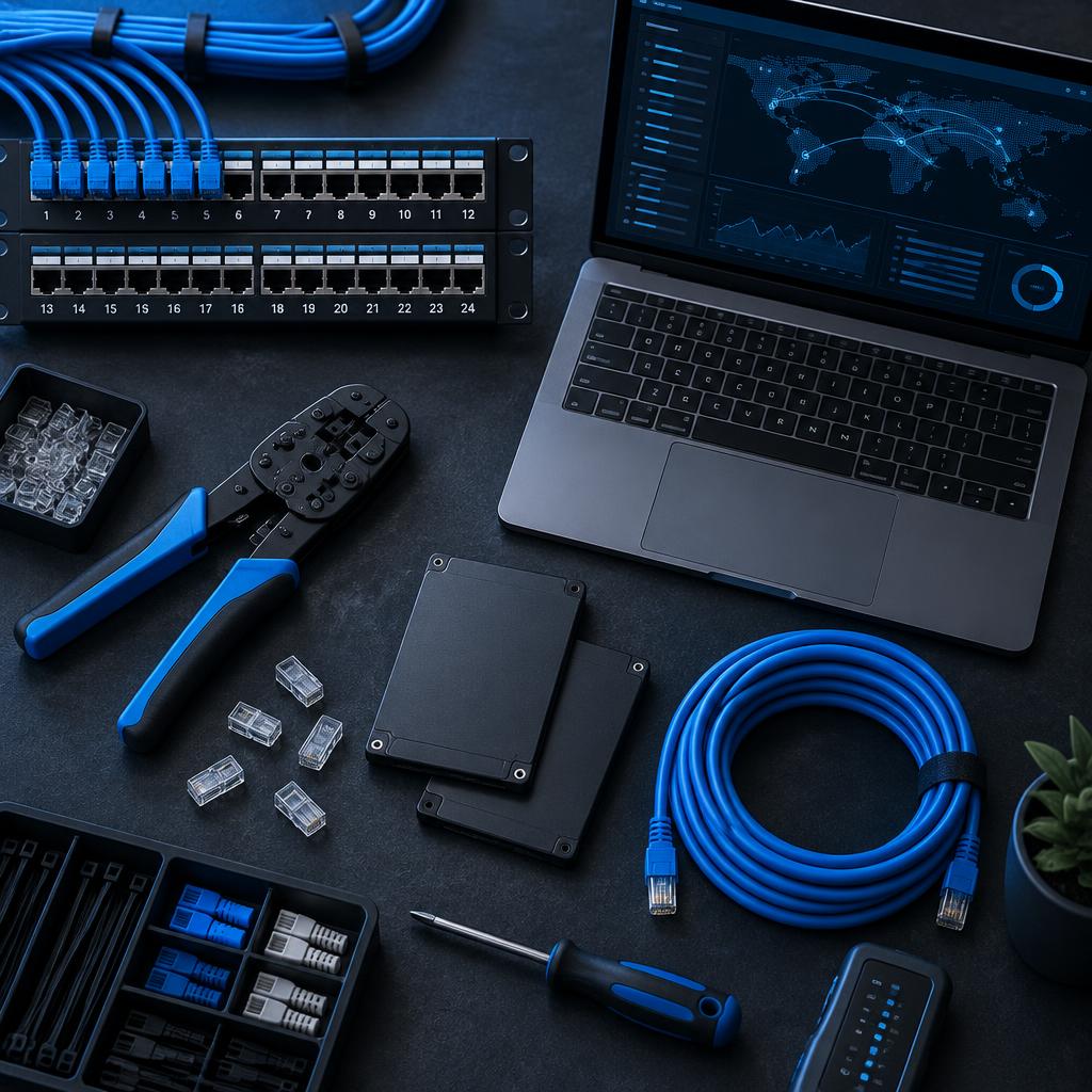 Atelier réseau JIM Informatique avec baie de brassage et outils